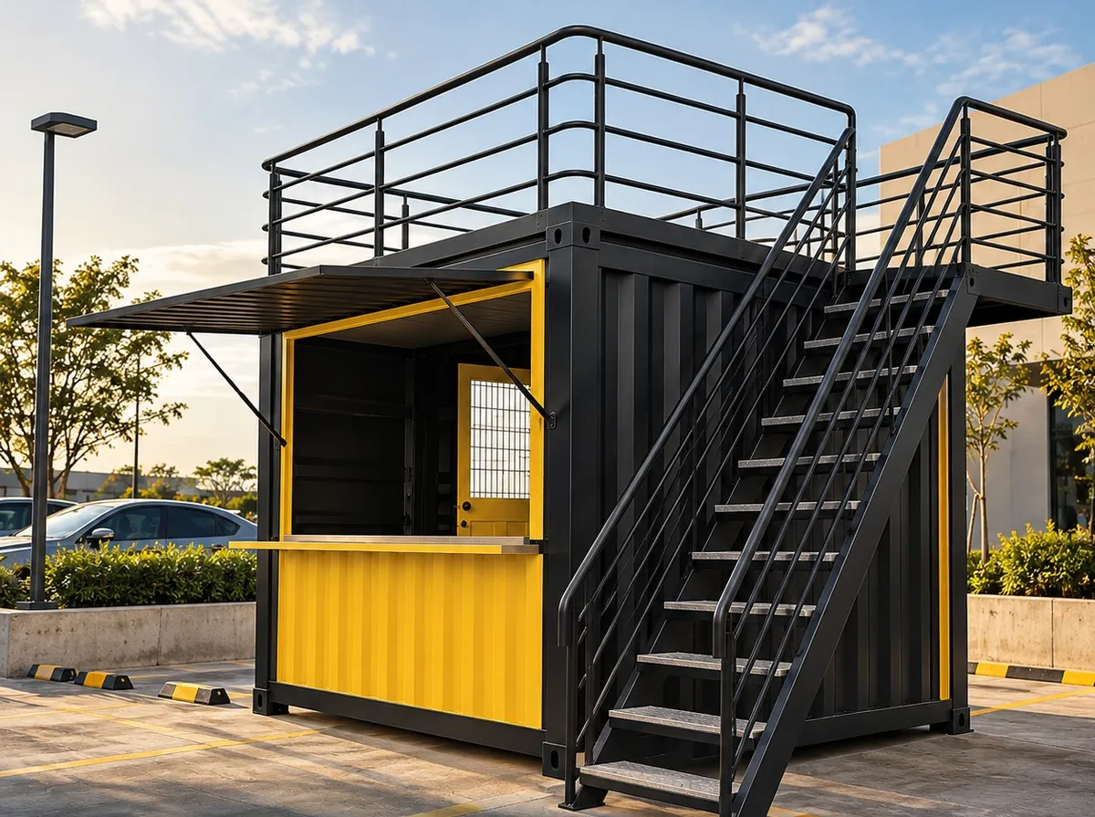 Módulo contenedor con escalera y terraza metálica fabricado por OCL